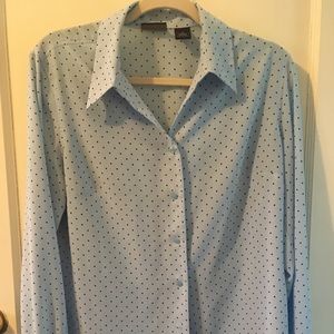 Baby blue long sleeved top w/navy blue polka dots